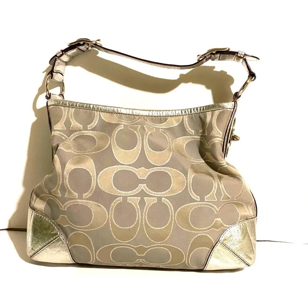 Coach CC signature print metallic gray leather shoulder handbag